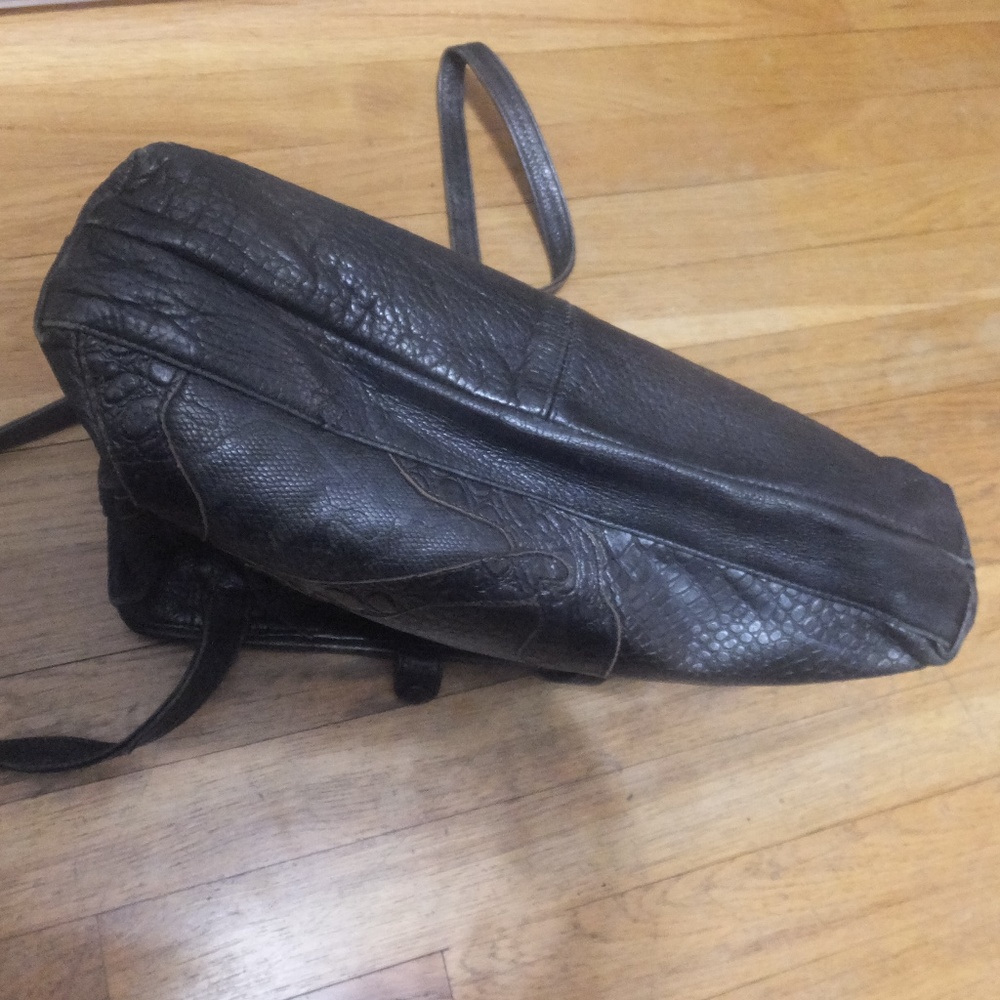 80s Black Reptile Leather Patchwork Satchel Shoulder Bag - Picture 4 of 8